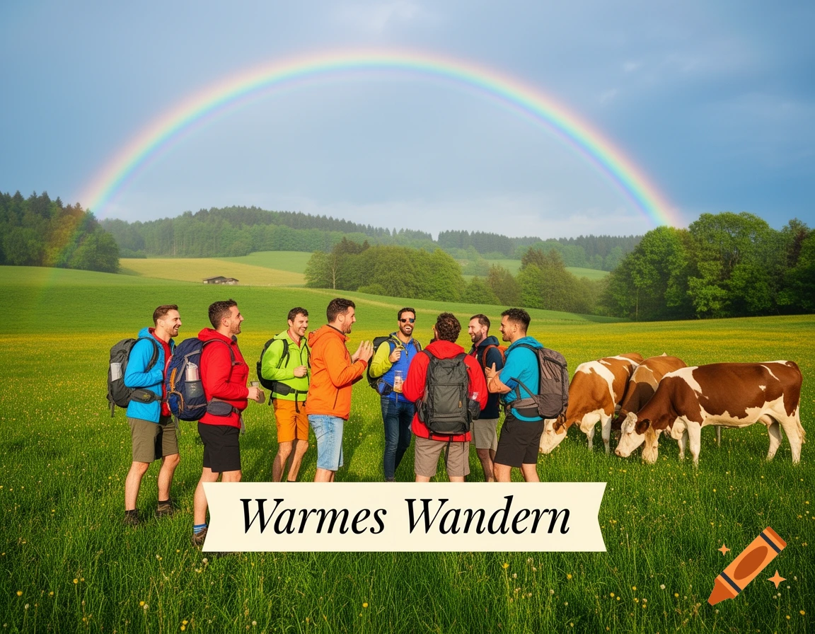 A group of men hiking in a green field with cows under a rainbow, with the text 'Warmes Wandern' on a banner.