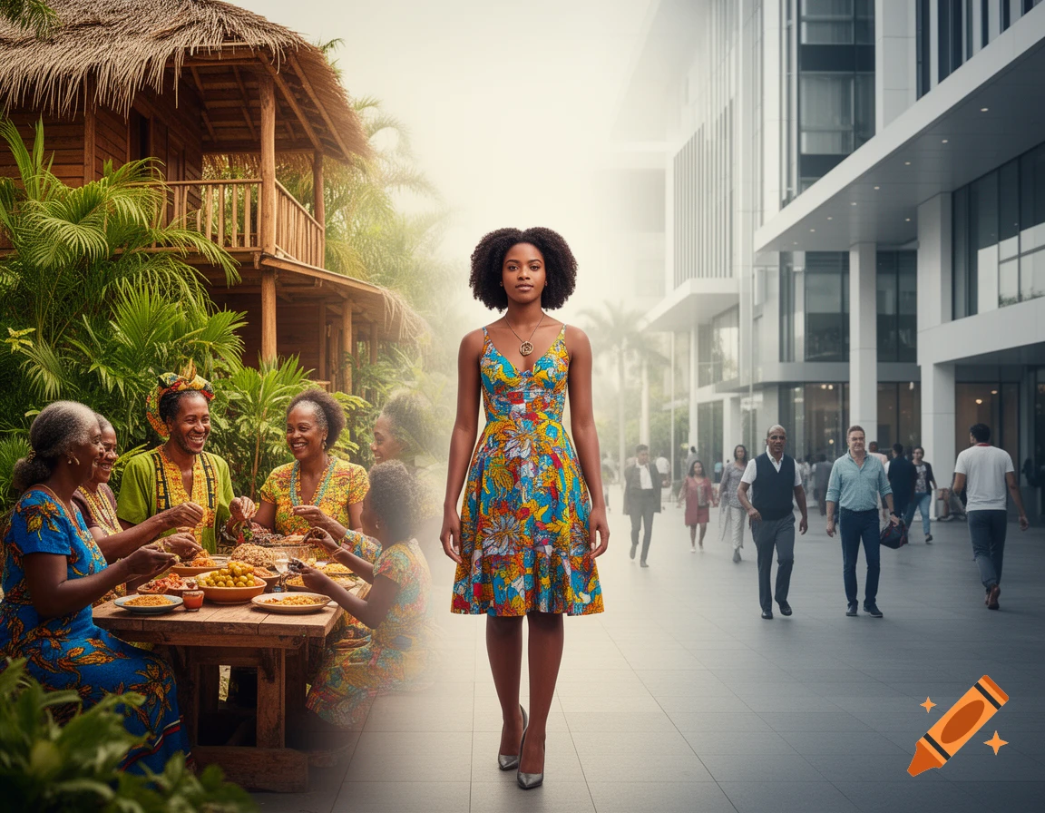 A young Black woman in a floral dress stands between a tropical family meal on the left and a modern city street on the right.