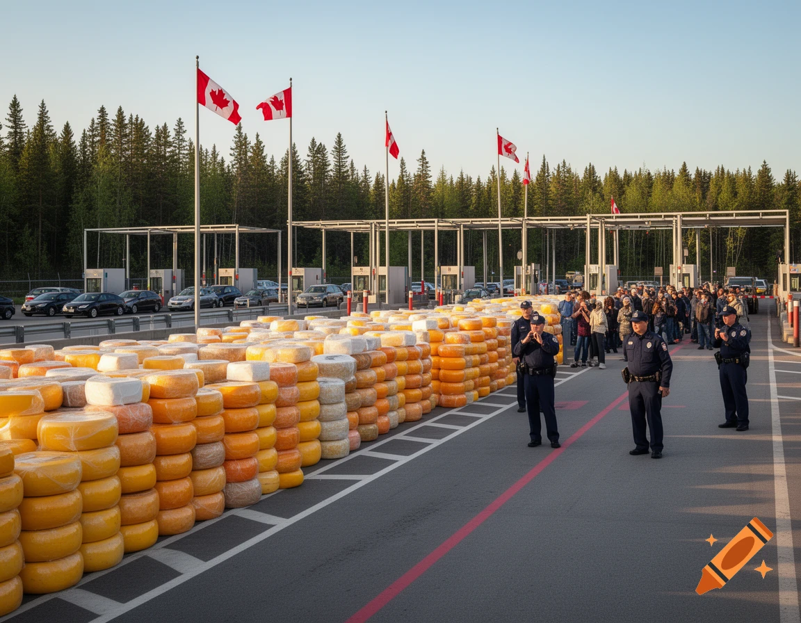 Photorealistic scene at a Canadian border crossing with a huge stack of cheese wheels, police officers, and people.