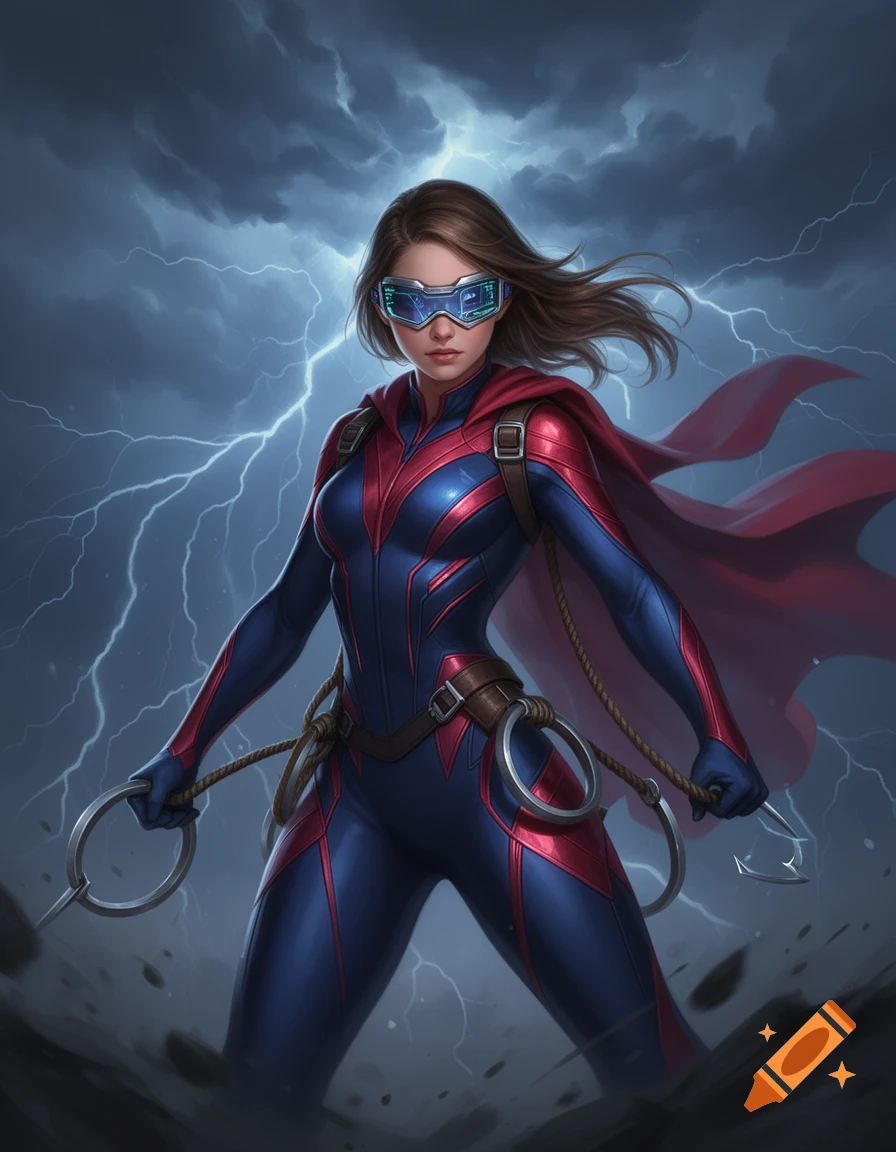 A female superhero in a blue and red suit with futuristic goggles and a red cape holds sharp rings attached to ropes, standing before a lightning storm.
