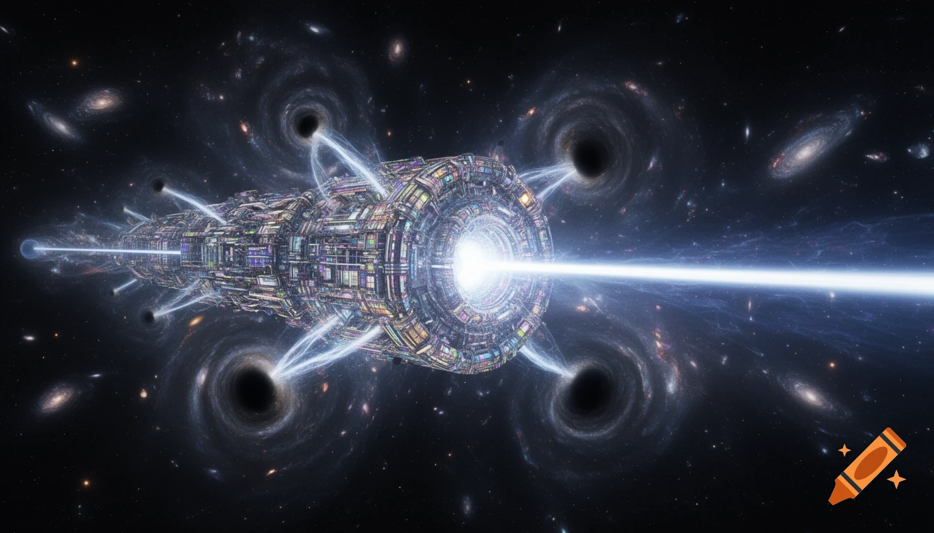 A massive, intricate futuristic space machine emitting a laser beam, surrounded by galaxies and black holes.