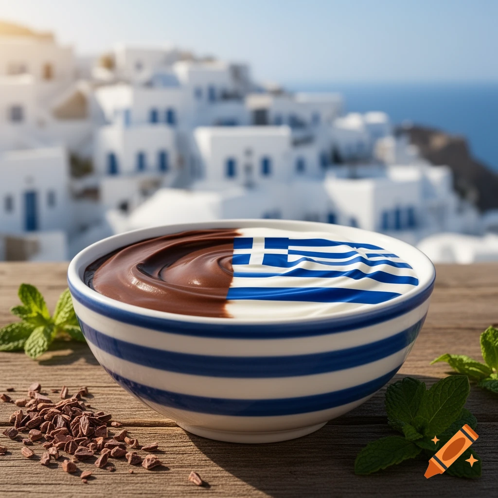 A bowl of chocolate and Greek flag-patterned yogurt with mint and cacao nibs on a wooden table, overlooking a white Greek village.