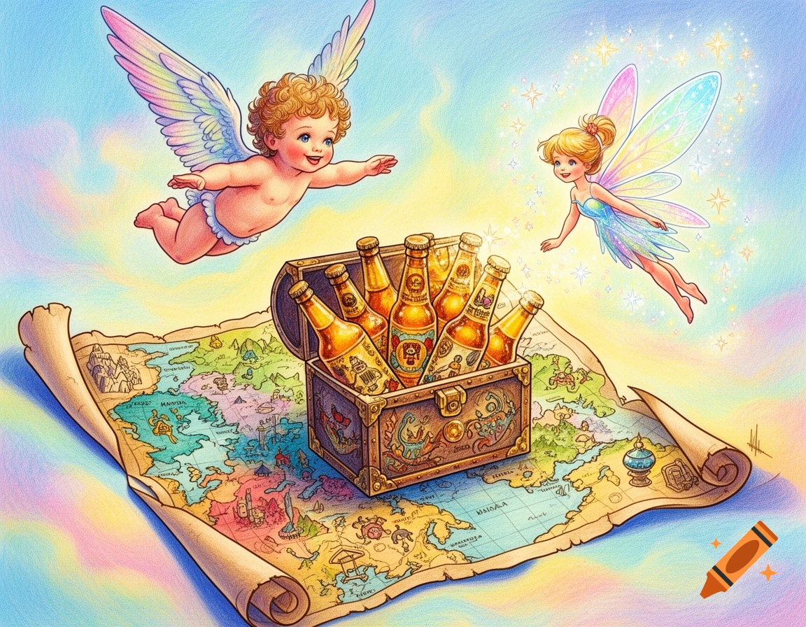 A colorful, whimsical illustration featuring a flying cherub, a sparkling fairy, a treasure chest full of beer bottles, and an old map, all against a pastel sky.