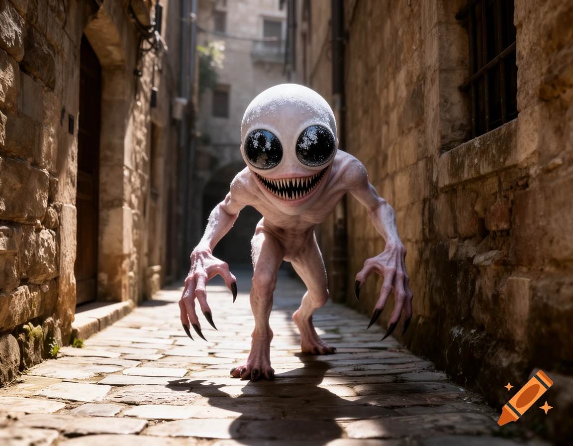 A photorealistic pale, large-eyed, clawed creature with sharp teeth hunches in a narrow medieval alley.