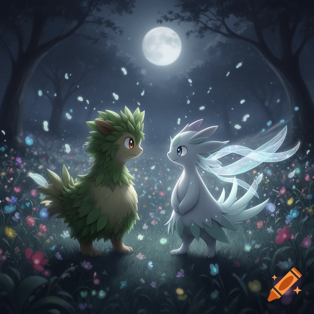 Two Pokemon-like creatures, one green and one white, stand in a moonlit forest glade filled with colorful flowers.
