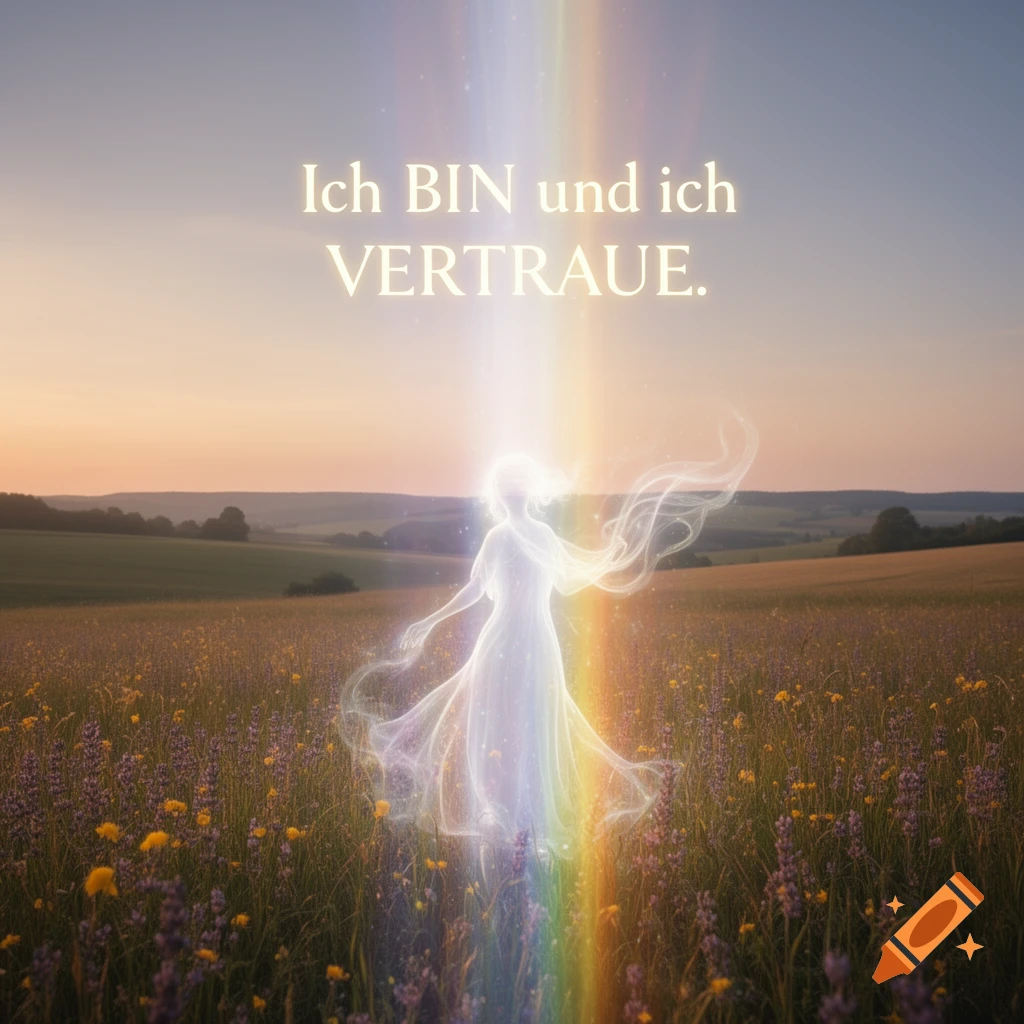 An ethereal glowing figure stands in a field of wildflowers at sunset with a rainbow light beam. The text reads 'Ich BIN und ich VERTRAUE.'