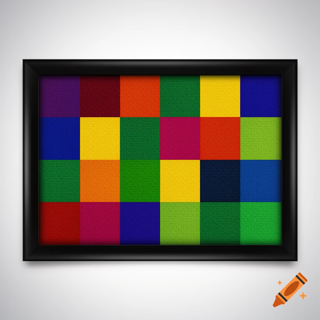 A framed abstract artwork with a grid of colorful textured squares hanging on a white wall.