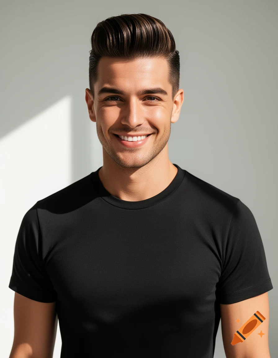 A handsome man with slicked-back dark hair and a beard, smiling at the camera while wearing a black t-shirt.