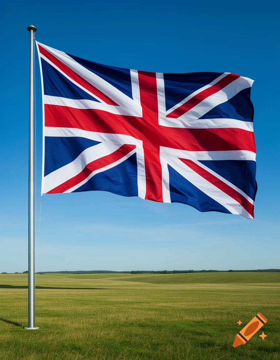 Photorealistic Union Jack flag, red, white, and blue, flying from a pole over a green field beneath a clear blue sky.