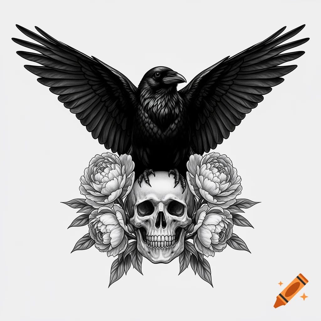 Black and white illustration of a raven with open wings perched on a skull, surrounded by peonies and leaves.