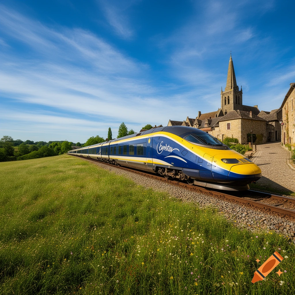 A blue and yellow Eurostar train on tracks next to a grassy field and an old stone village with a church under a clear blue sky.