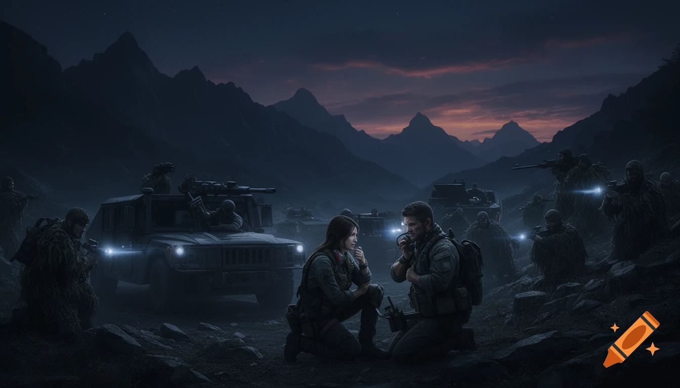 A tactical group of soldiers, some in ghillie suits, gather around two kneeling leaders beside military vehicles in a dark, mountainous landscape under a dramatic twilight sky.