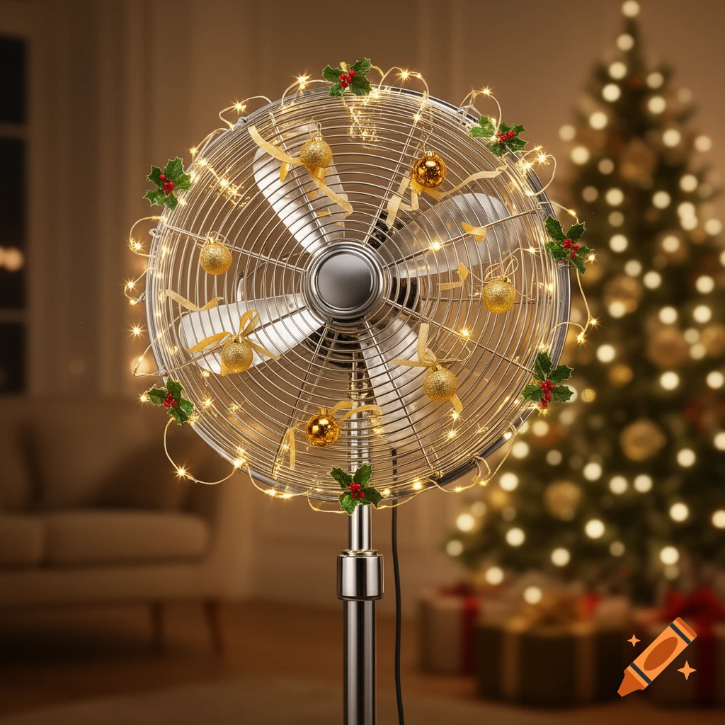 A retro-style stand fan is decorated with twinkling Christmas lights, gold ornaments, and festive holly berries, set against a blurred background of a lighted Christmas tree.