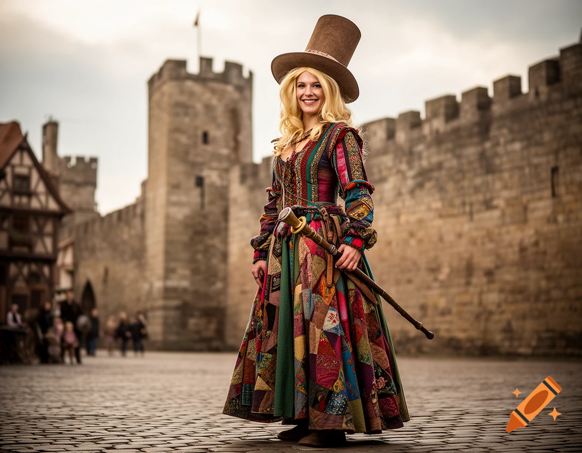 A smiling blonde woman in a tall top hat and a vibrant, patchwork medieval dress stands holding a staff in front of a stone castle wall.
