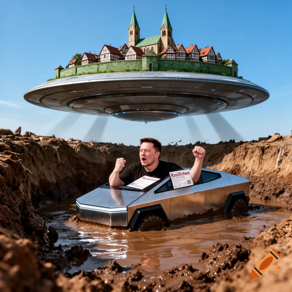 Elon Musk in a Cybertruck submerged in mud, pumping his fists under a UFO carrying a floating town, holding a parking ticket.