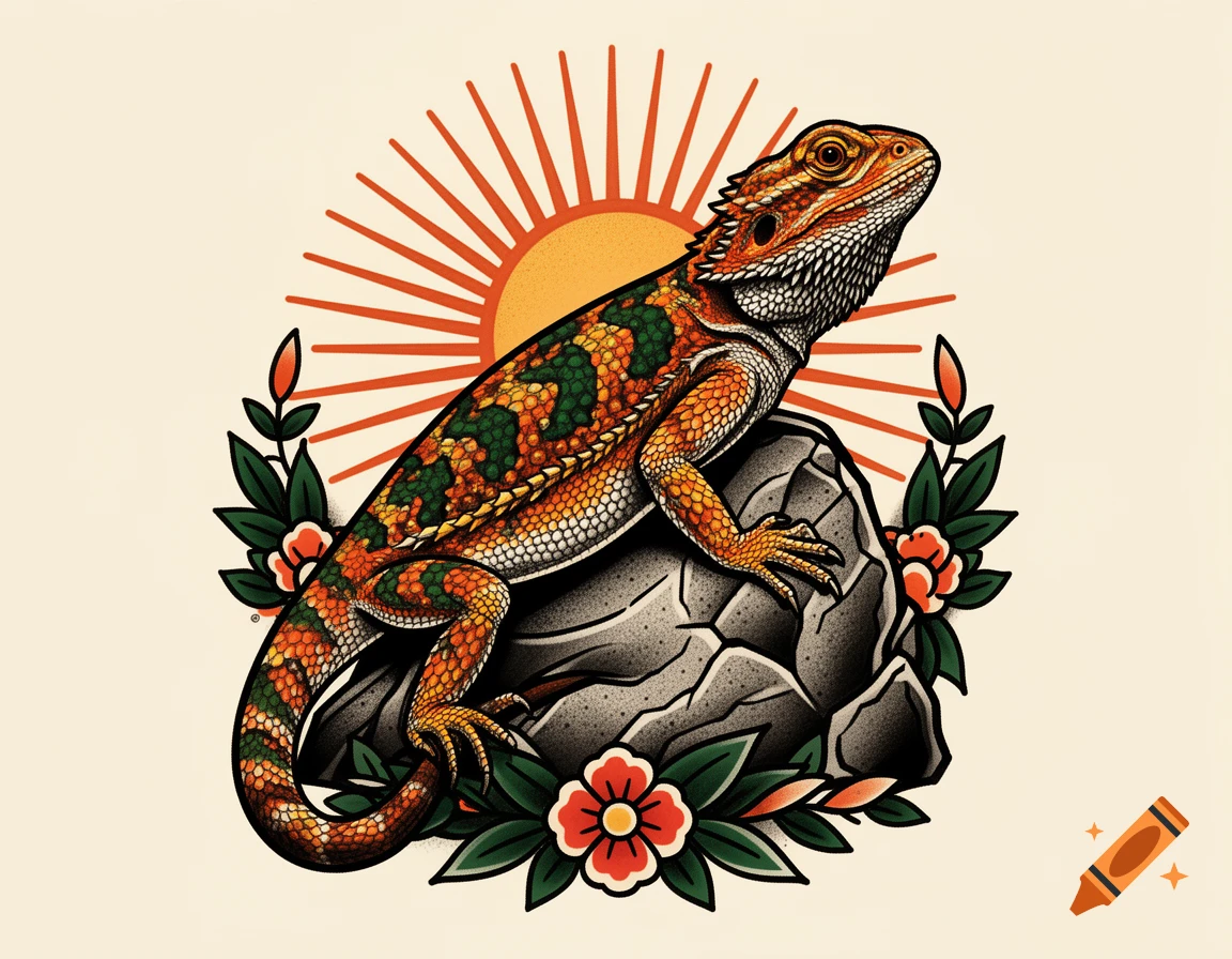American traditional tattoo of an orange and green bearded dragon on a rock with red flowers and a rising sun.