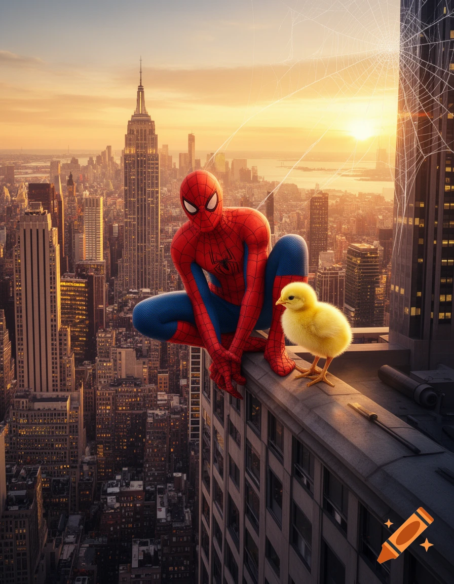 Photorealistic image of Spider-Man squatting on a skyscraper ledge with a yellow chick, overlooking a New York City sunset skyline.