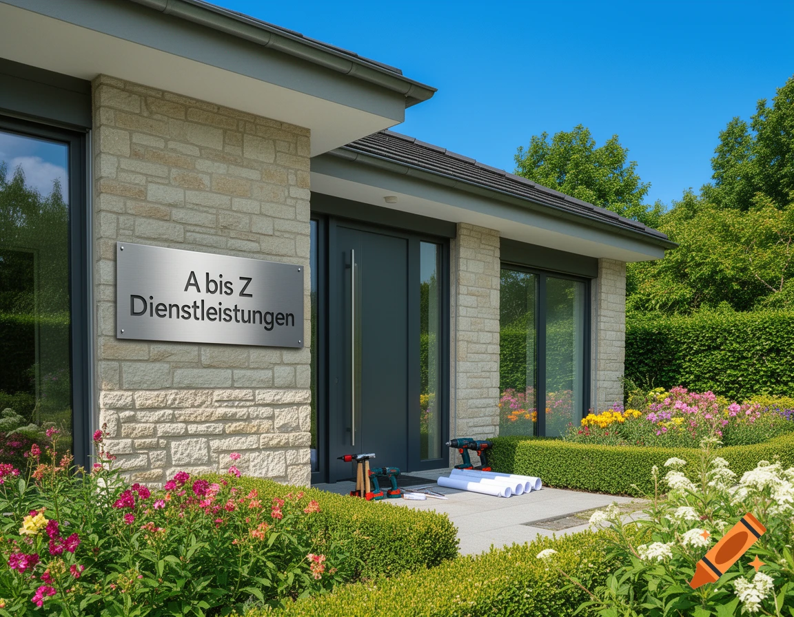 Modern house with stone facade, gray door, and a sign 'A bis Z Dienstleistungen'. Lush, colorful garden surrounds the entrance.