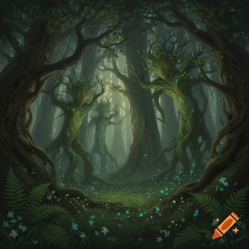 Mystical tree-like creatures with glowing red eyes stand in a dark, ethereal fantasy forest with glowing blue flowers on the ground.