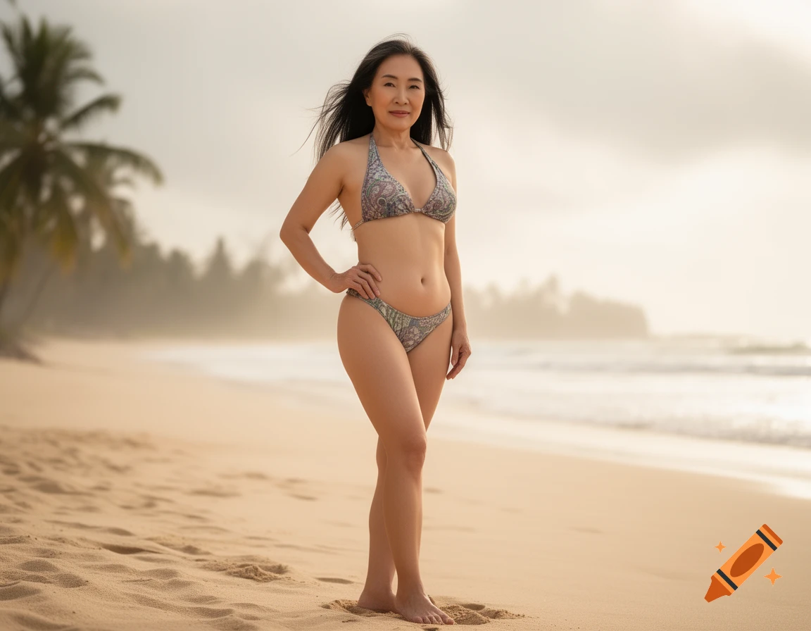 Photorealistic image of an Asian woman in a patterned bikini posing on a sandy beach with palm trees and ocean in the background.