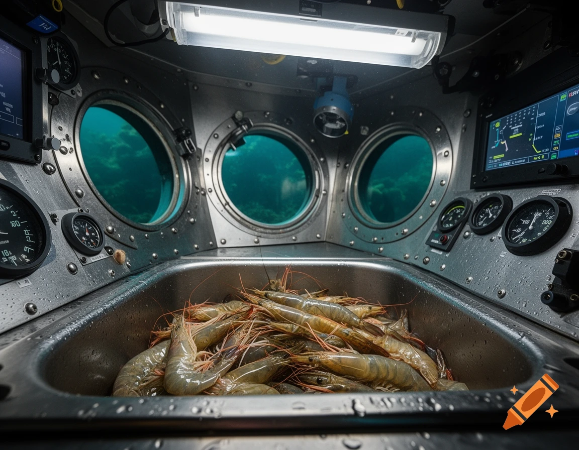 Raw prawns in a metal sink inside a submarine cockpit, with three portholes showing clear blue underwater scenery.