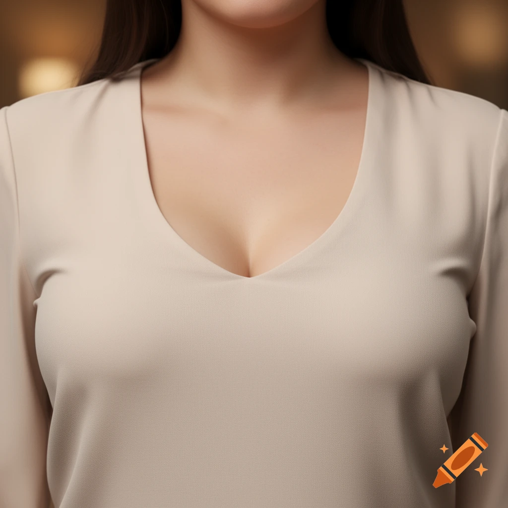 Close-up of a woman's chest in a light beige v-neck top, photorealistic.