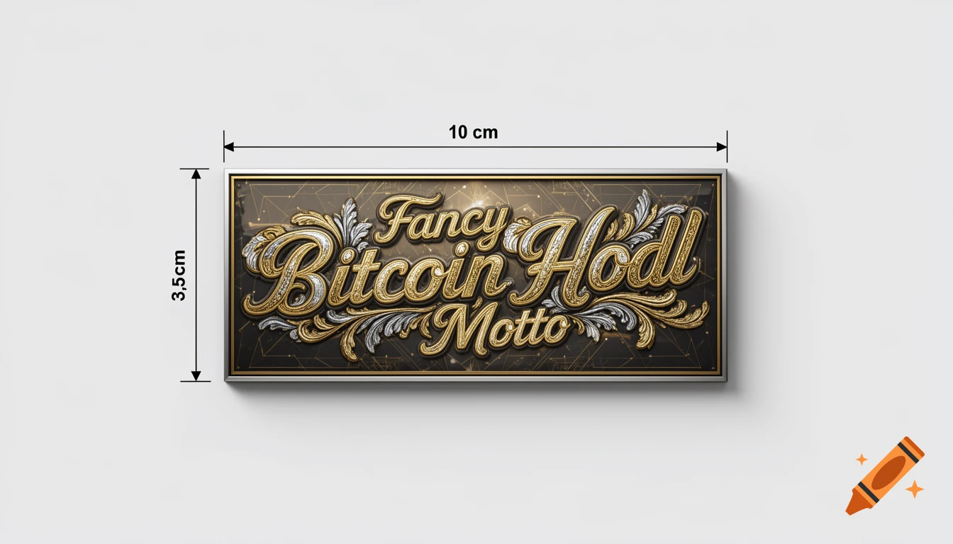 Ornate gold and silver metallic plaque featuring the text 'Fancy Bitcoin Hodl Motto' on a dark background.