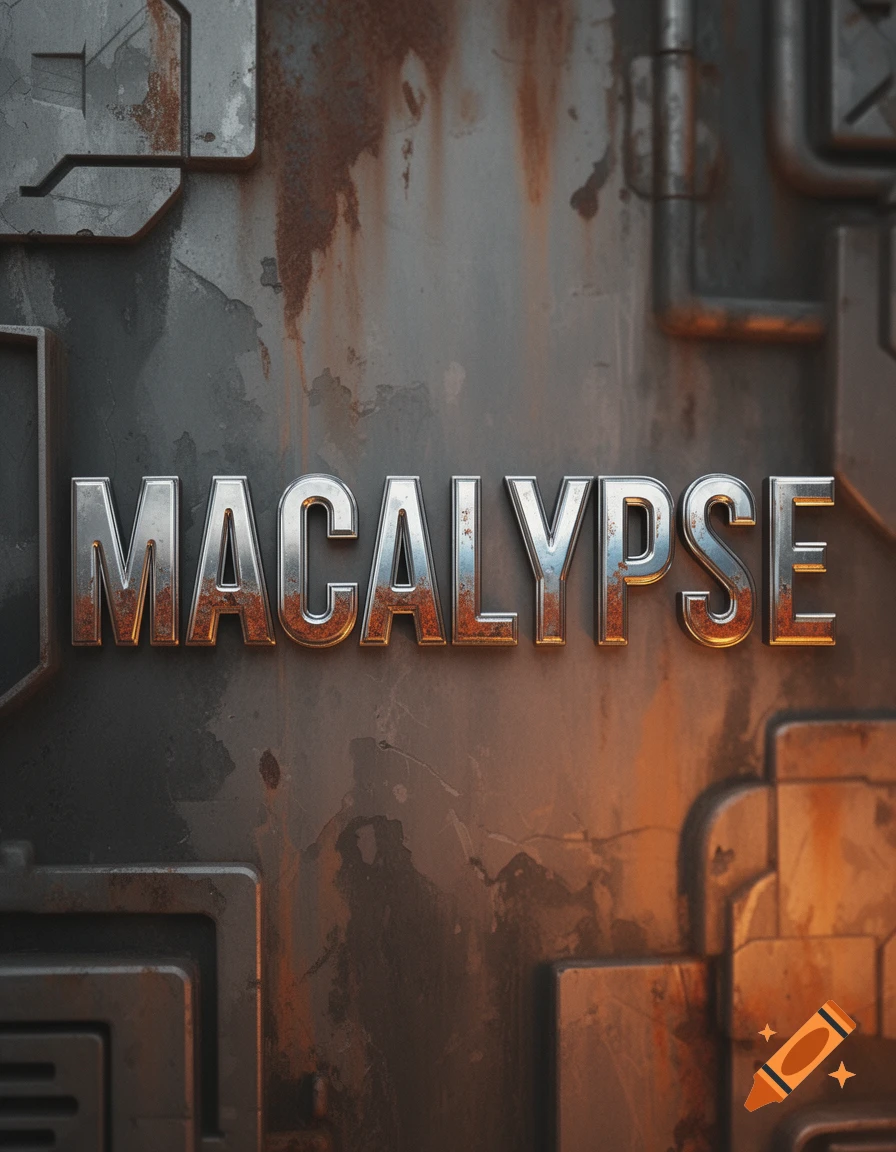 Chrome, slightly rusty 3D text spelling "MACALYPSE" on a dark, rusted industrial metal background with glowing orange light.