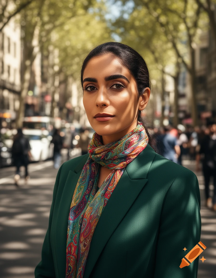 A photorealistic portrait of a woman in a green blazer and a colorful scarf, standing on a sunny urban street.