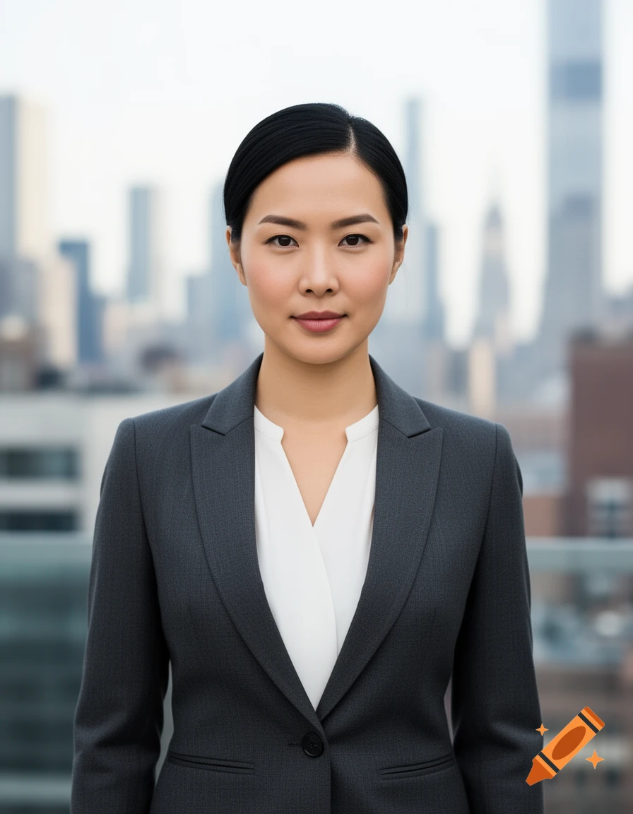 Photorealistic portrait of an Asian businesswoman in a grey suit, standing in front of a blurry cityscape.