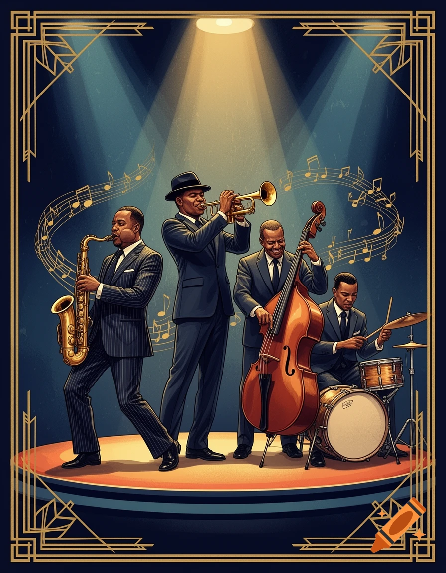 A vintage-style art deco poster depicts a jazz band playing saxophone, trumpet, double bass, and drums under spotlights.