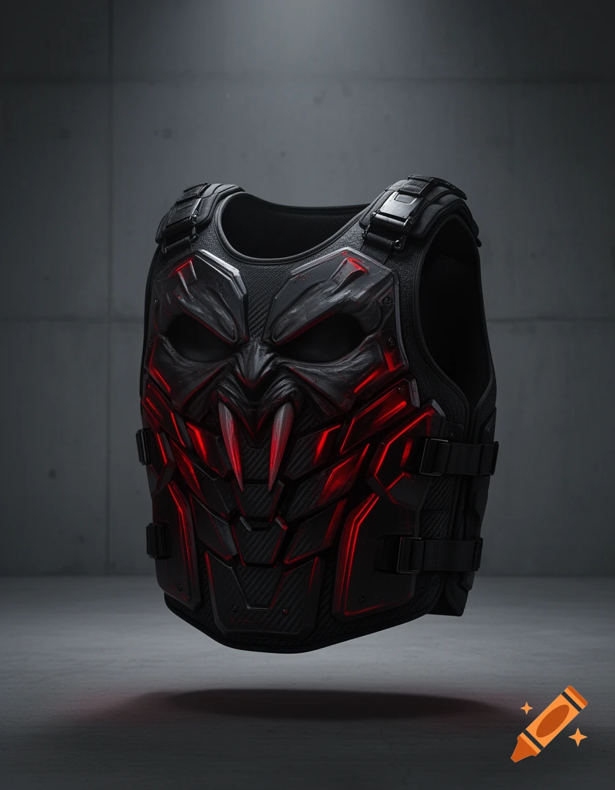 A black tactical armored vest with glowing red accents designed to resemble a stylized vampire face with fangs.
