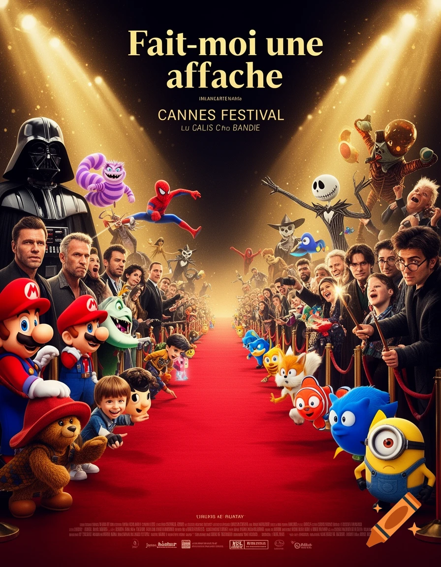 A movie poster featuring a red carpet lined with various movie and cartoon characters like Mario, Darth Vader, Spider-Man, Jack Skellington, Minions, and Harry Potter, surrounded by crowds of cheering fans, under golden spotlights. The top reads "Fait-moi une affiche CANNES FESTIVAL" with some garbled text.