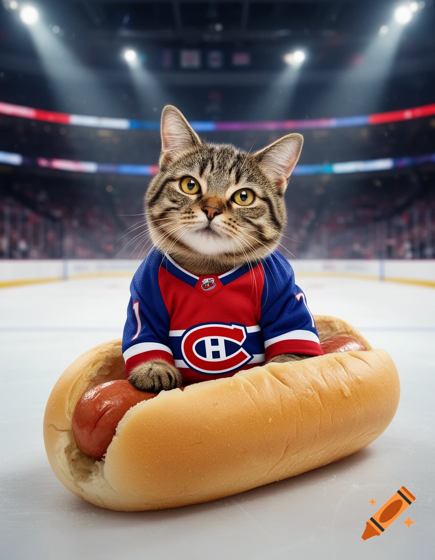 A cute tabby cat in a Montreal Canadiens jersey sits inside a hot dog bun on an ice hockey rink.