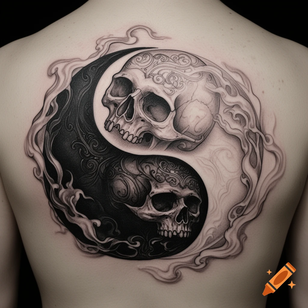 Detailed grayscale tattoo of two ornate skulls forming a yin-yang symbol on a person's back, surrounded by smoke.