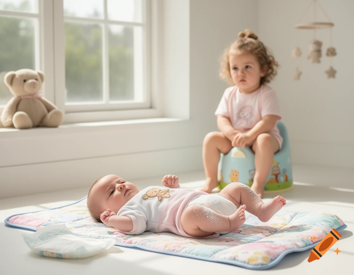 A baby lies on a patterned changing mat while a toddler sits on a blue potty in a brightly lit room.