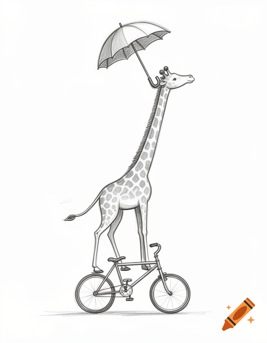 A whimsical black and white pencil sketch of a giraffe riding a bicycle while holding an umbrella.