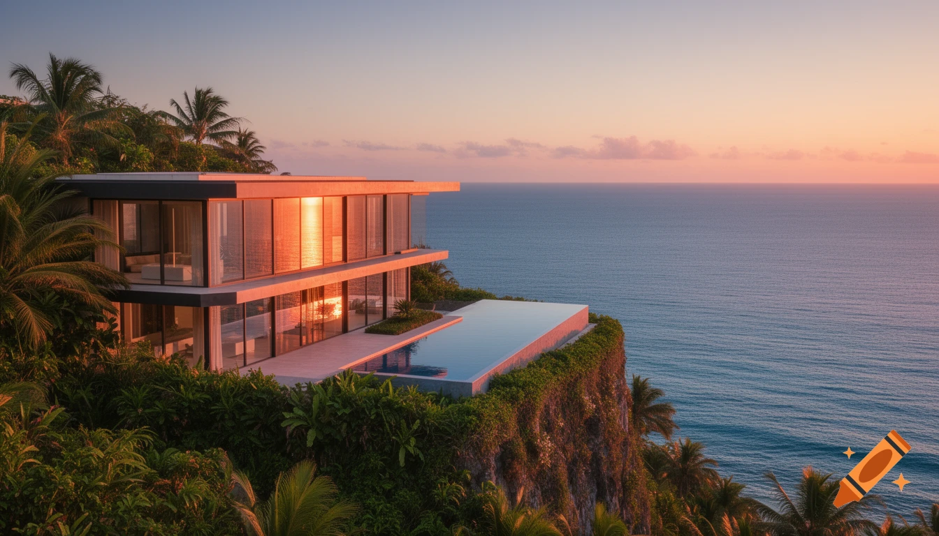 Ultra-realistic photo of a modern luxury glass villa with an infinity pool on a cliff overlooking a calm ocean at sunset.