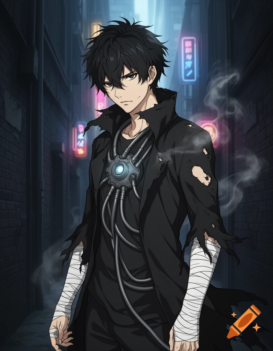 Anime male character with messy black hair, tired expression, black tattered coat, bandages, and chest device, standing in a dark city alley with neon signs.