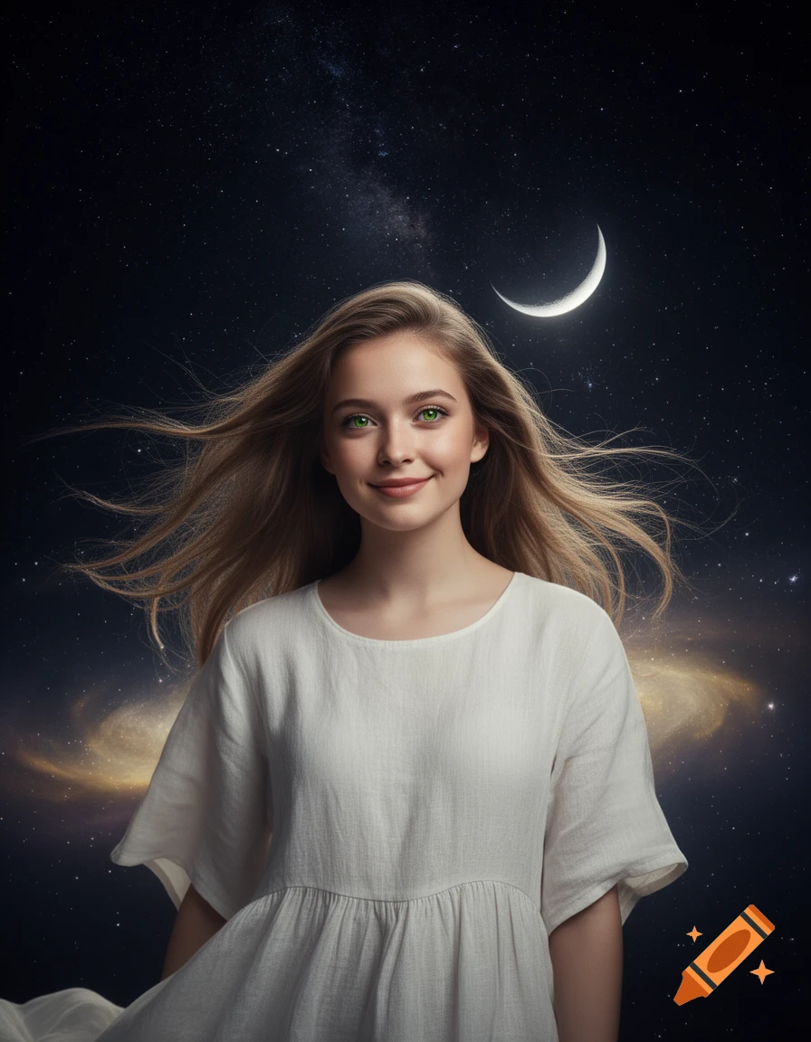 Photorealistic portrait of a young woman with green eyes and flowing hair, smiling against a cosmic background with stars, a crescent moon, and a nebula.