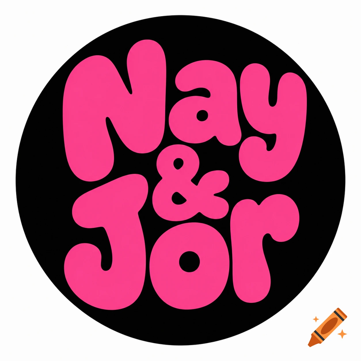 Pink bubble letters "Nay & Jor" on a black circle.