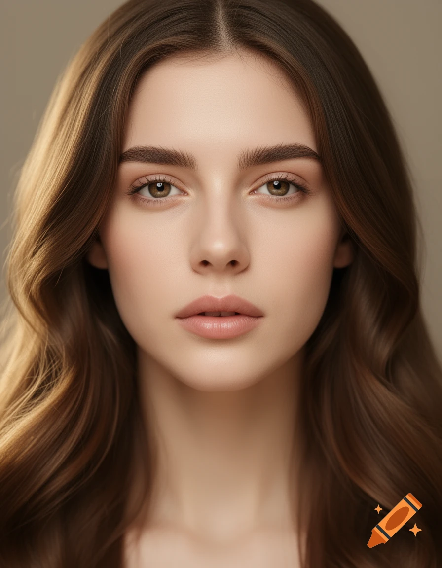 Close-up photorealistic portrait of a woman with long wavy brown hair and light brown eyes.