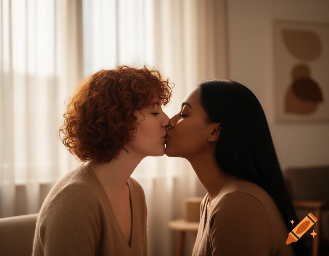 Two women with closed eyes gently kiss in a softly lit room with sheer curtains in the background.