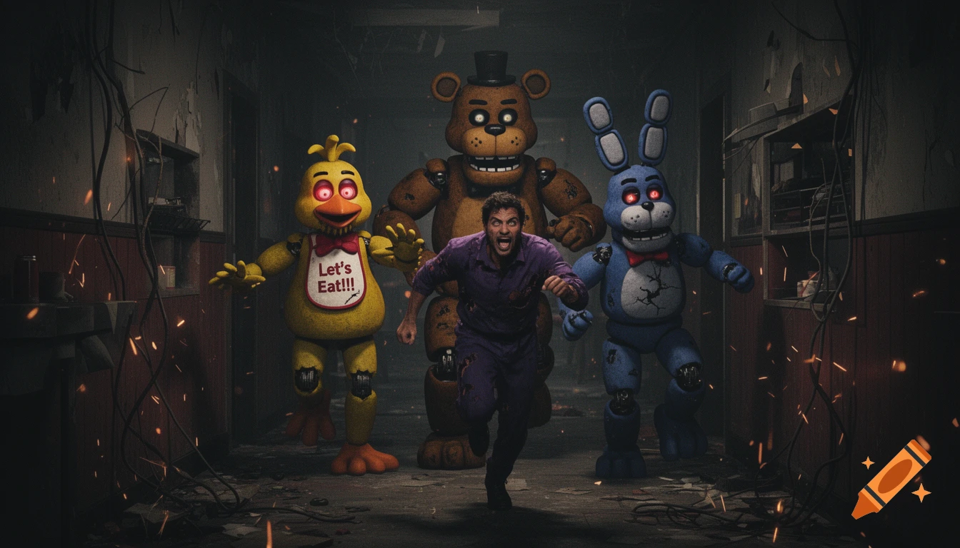 A man in a purple uniform runs in terror through a dark, decaying hallway, chased by Freddy Fazbear, Chica the Chicken, and Bonnie the Bunny, depicted in a photorealistic horror style.