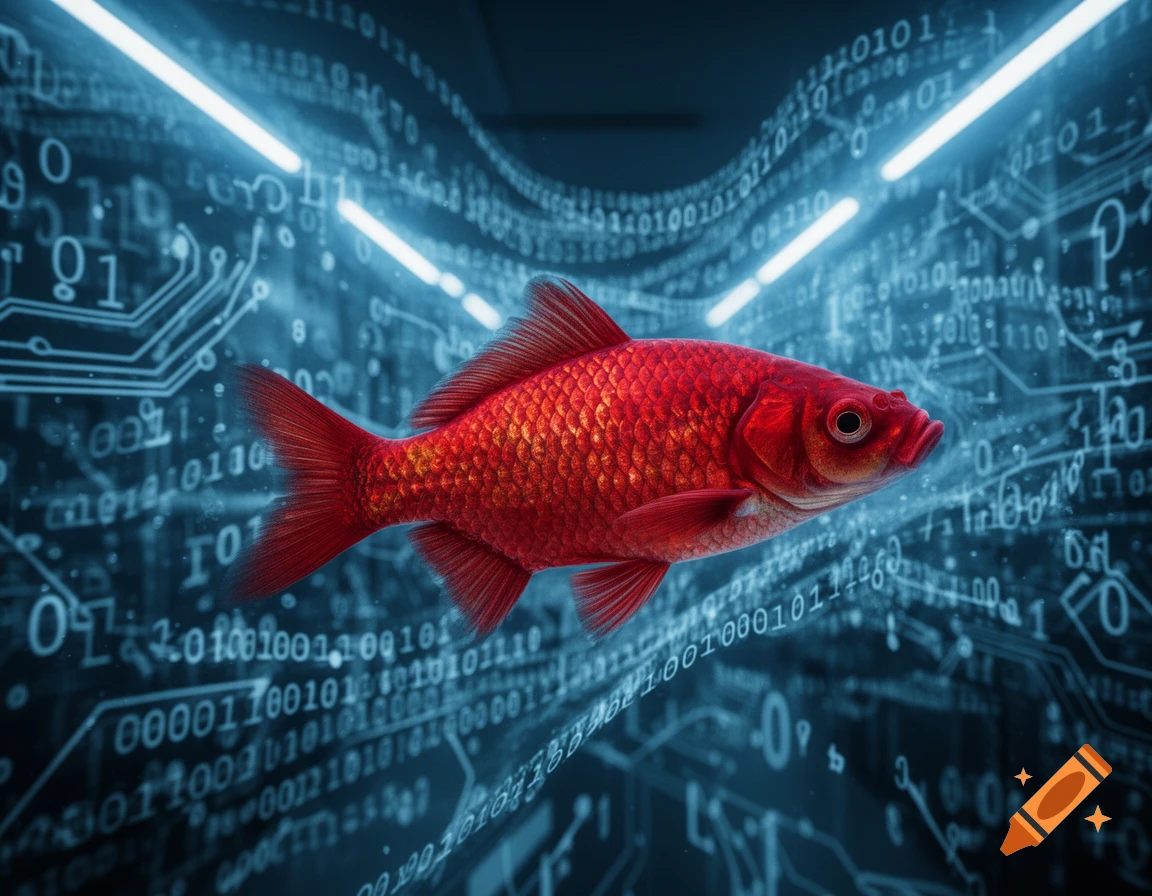 A vibrant red fish swims through a dark blue digital landscape filled with glowing binary code and circuit board patterns.