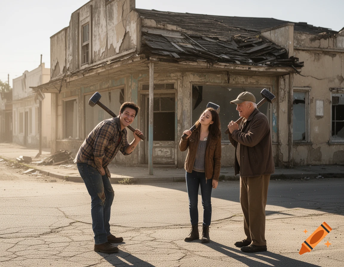 Three people, two men and one woman, stand with sledgehammers in front of a dilapidated building on a sunny, dusty day.