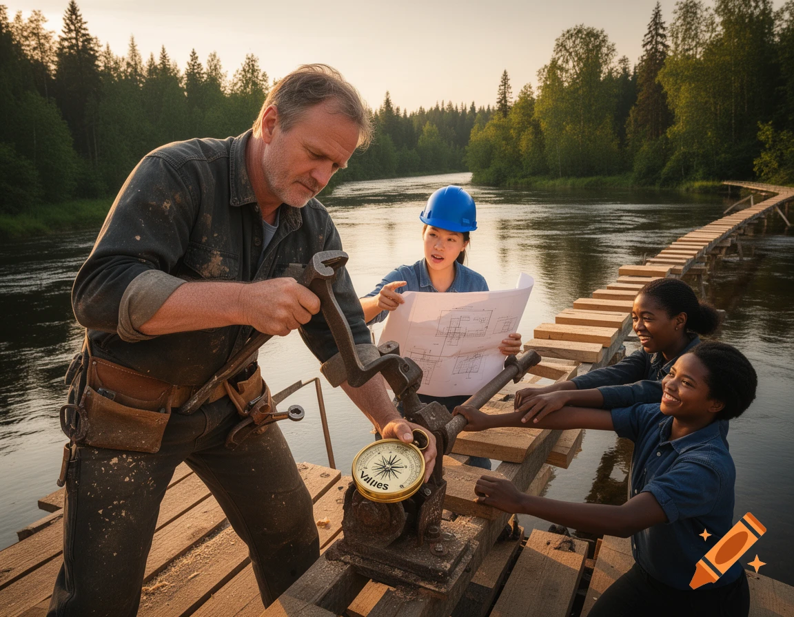 A diverse team builds a wooden bridge over a river at sunset, guided by a compass labeled 'Values'.