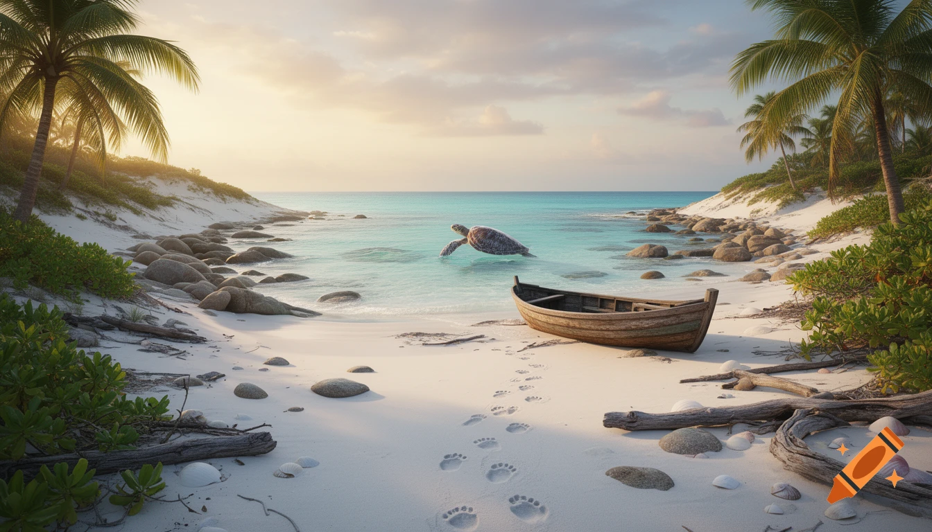 Photorealistic tropical beach with white sand, palm trees, a wooden boat, and a sea turtle in clear turquoise water at sunset.