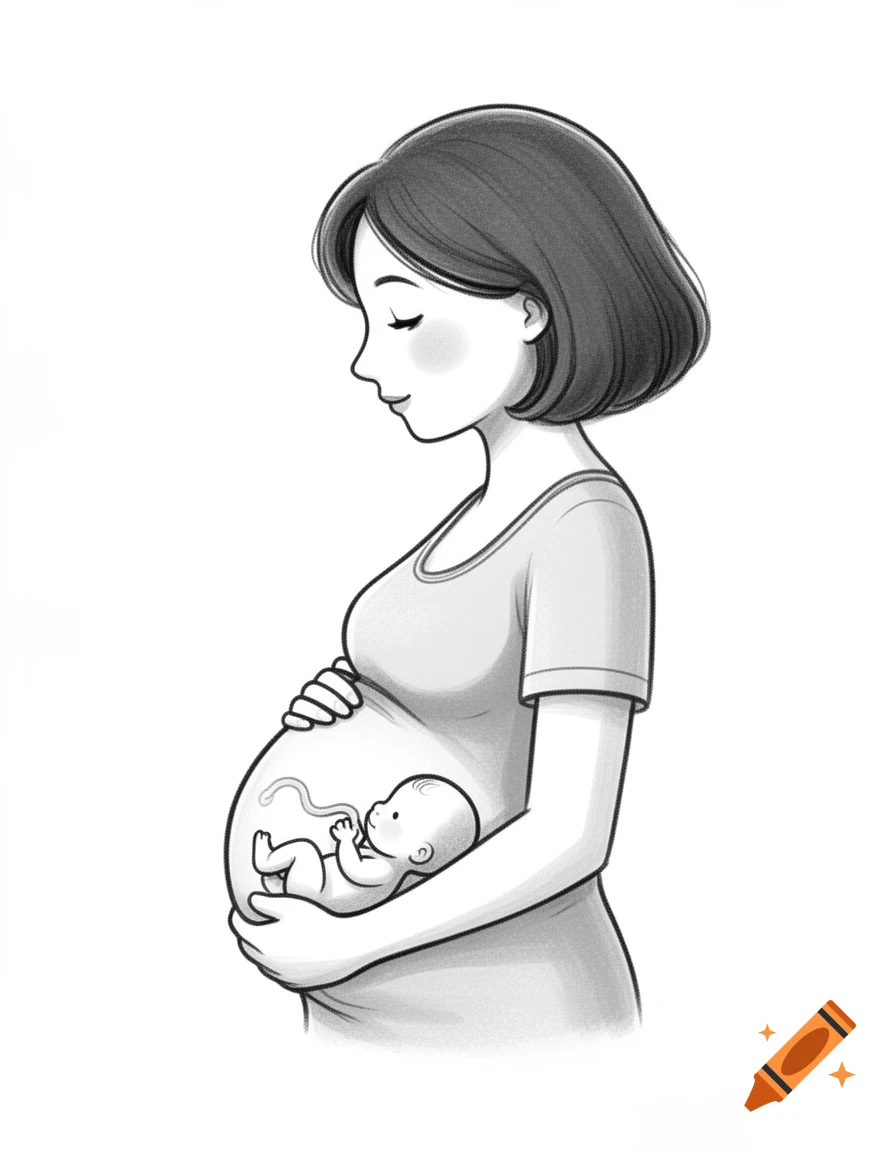 A black and white illustration of a pregnant woman in profile, showing a baby and umbilical cord inside her belly.