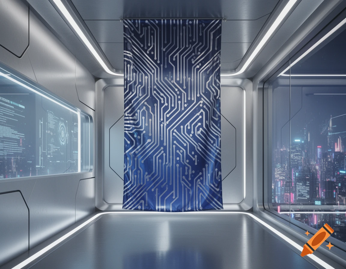 Sleek futuristic room with a blue circuit board banner and a panoramic view of a neon-lit cityscape at night.